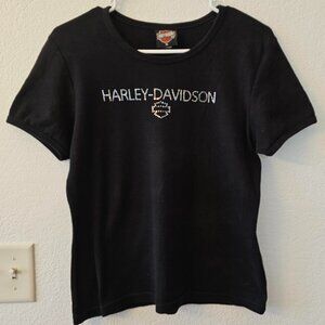 Harley Davidson Black Tee Shirt Women Size XL - Silver Rhinestone Logo, Shield